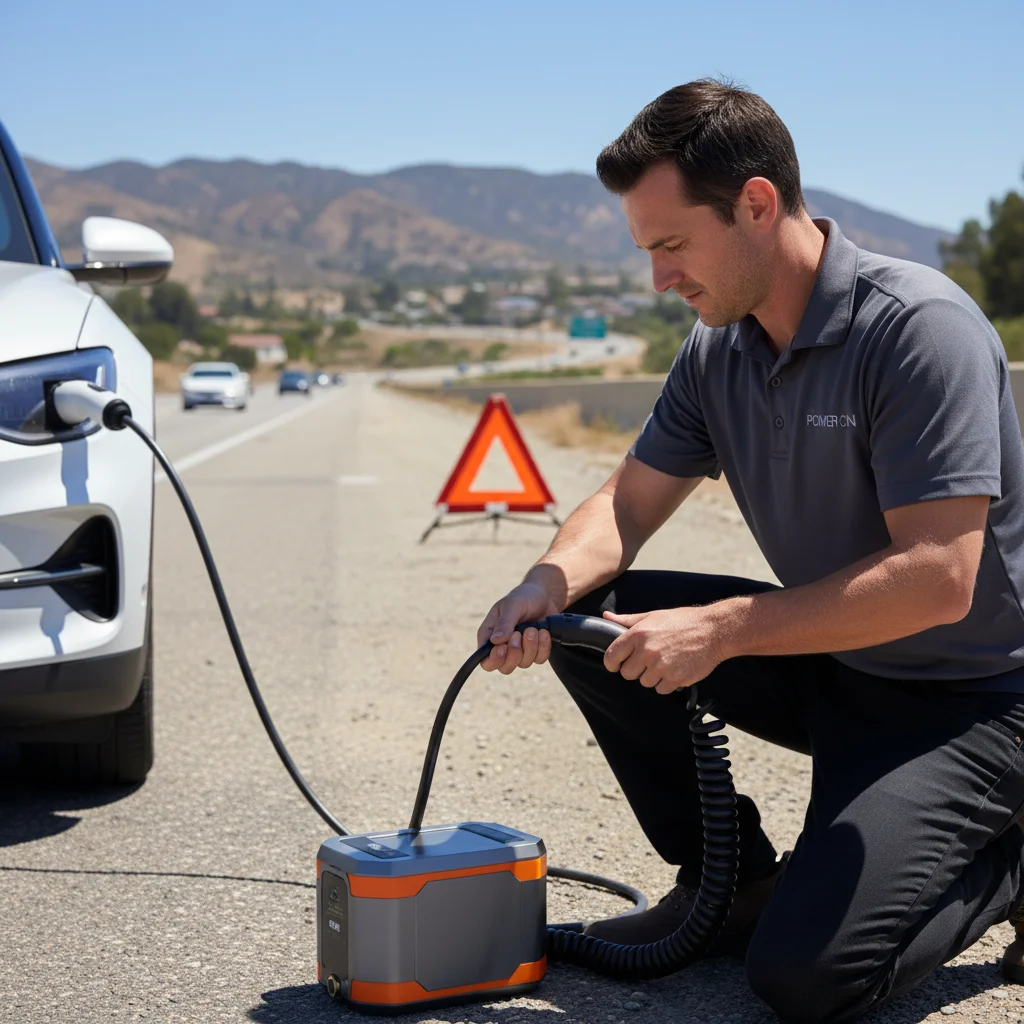 A technician connecting a portable charging cable to an electric car at the curb