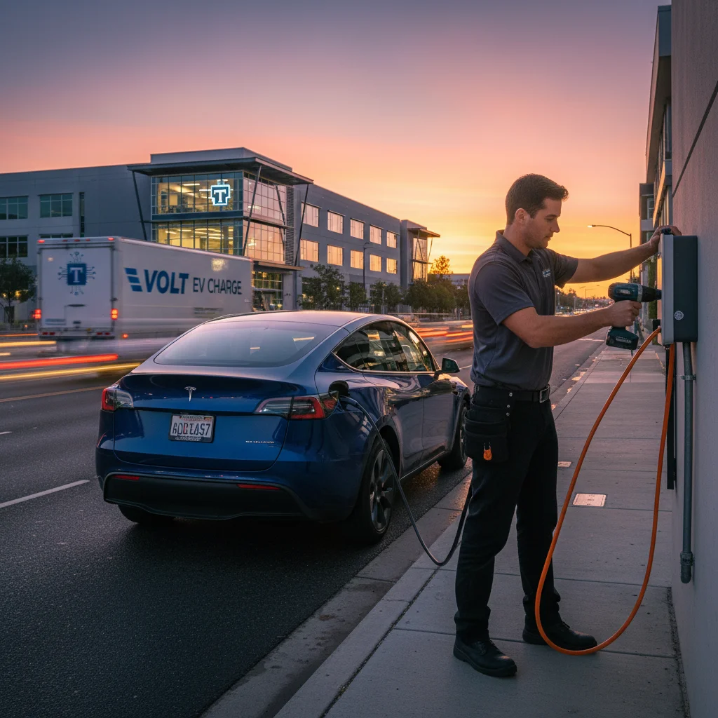 A dark electric car stopped on a paved shoulder with its taillights on