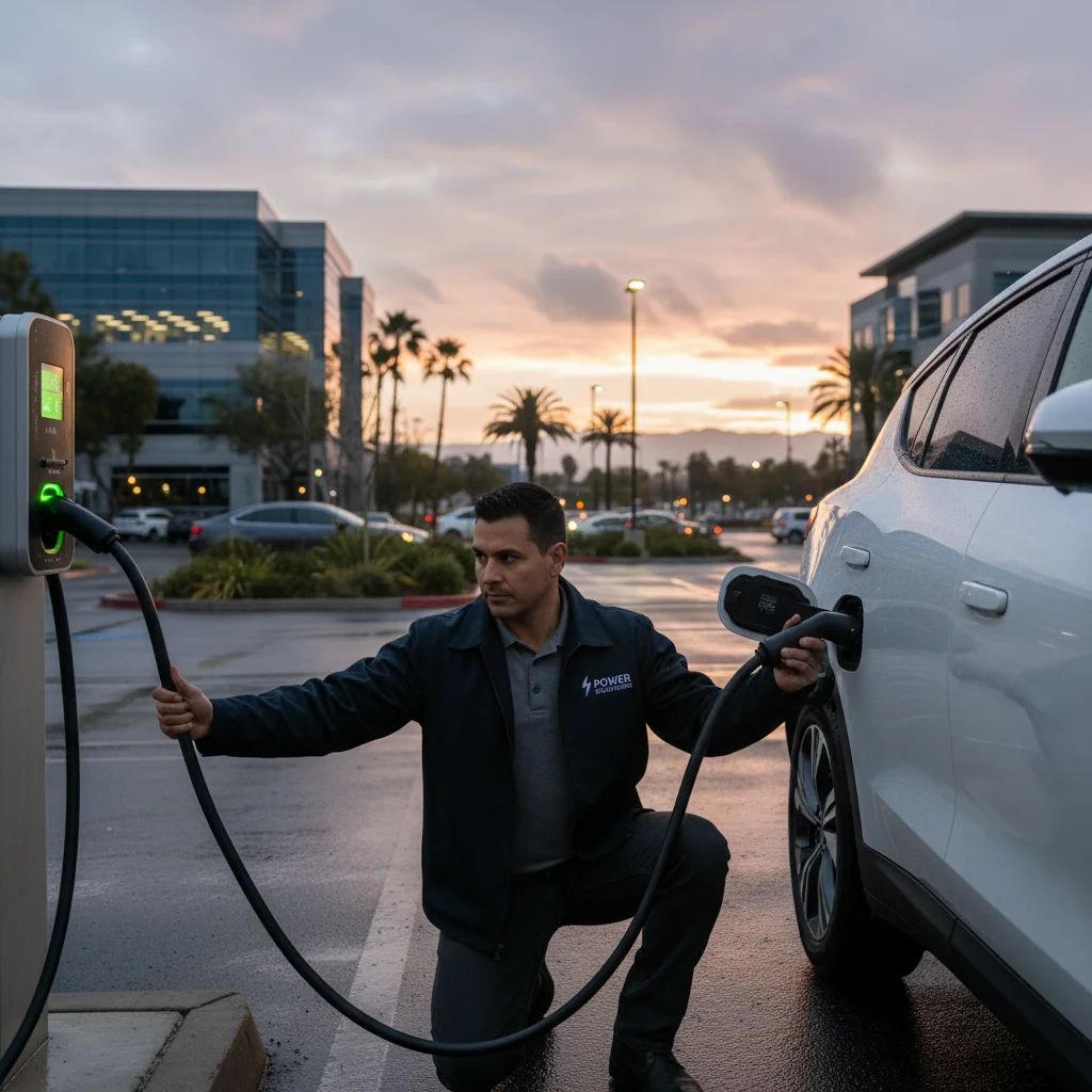 A person connecting a charging cable to an electric car at the curb