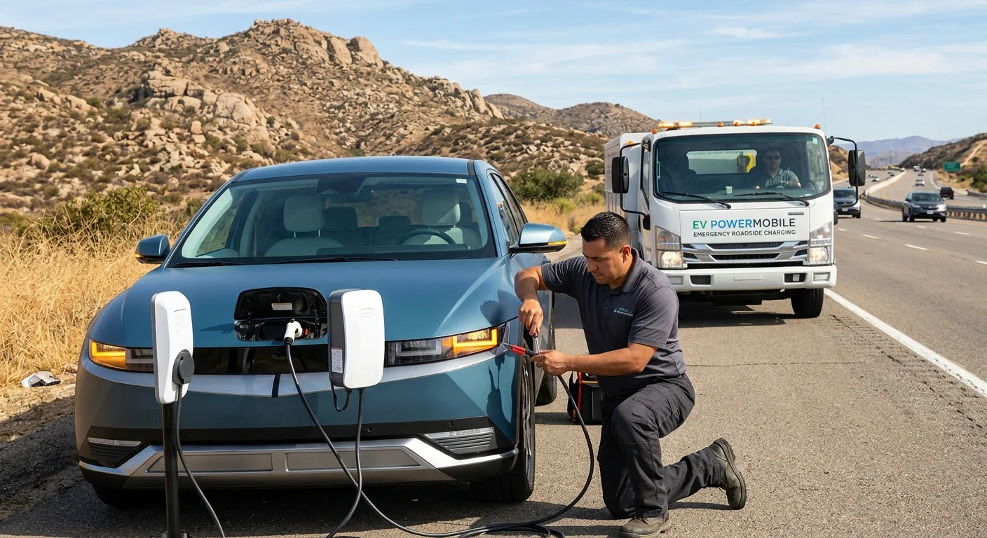 A technician kneels beside a parked electric car on a road shoulder, connecting a mobile charger while a charging truck sits behind it.