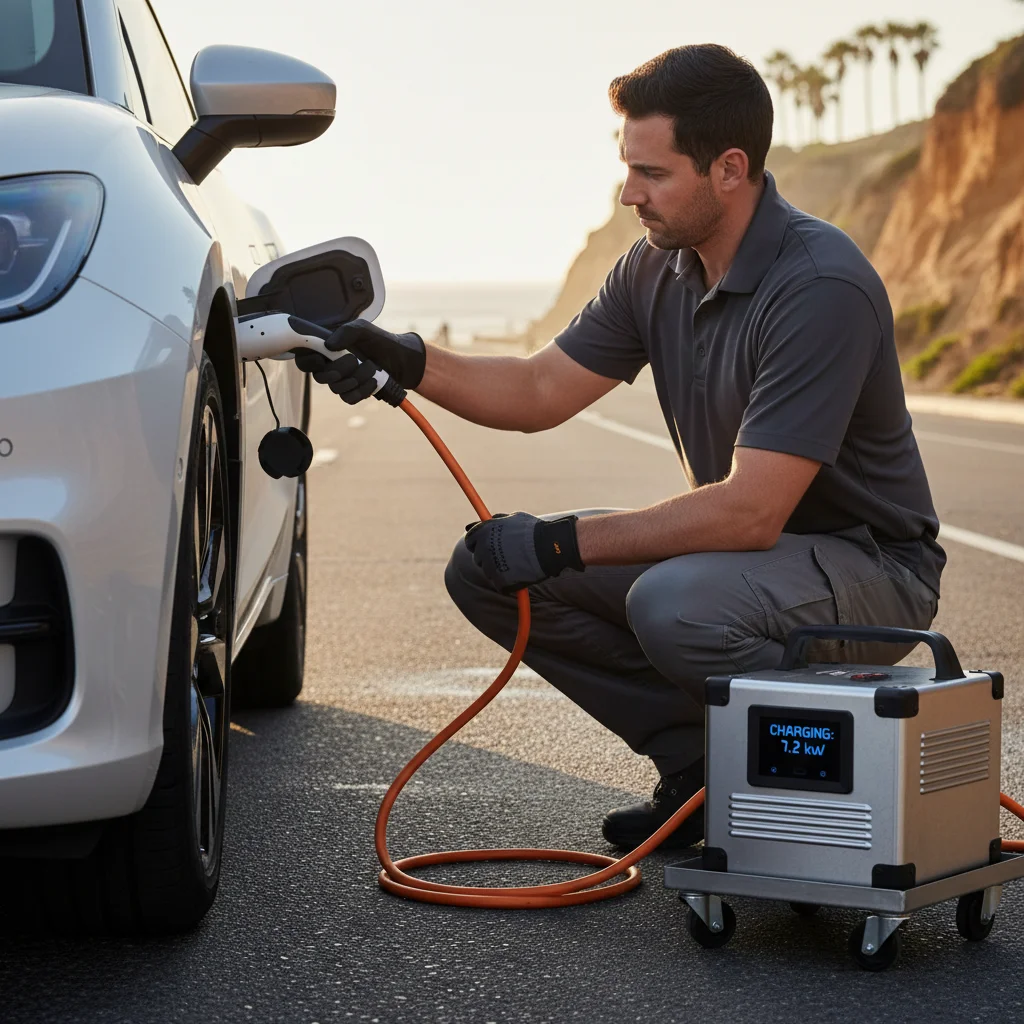 A charging cable connected to an EV at the curb beside a mobile service van