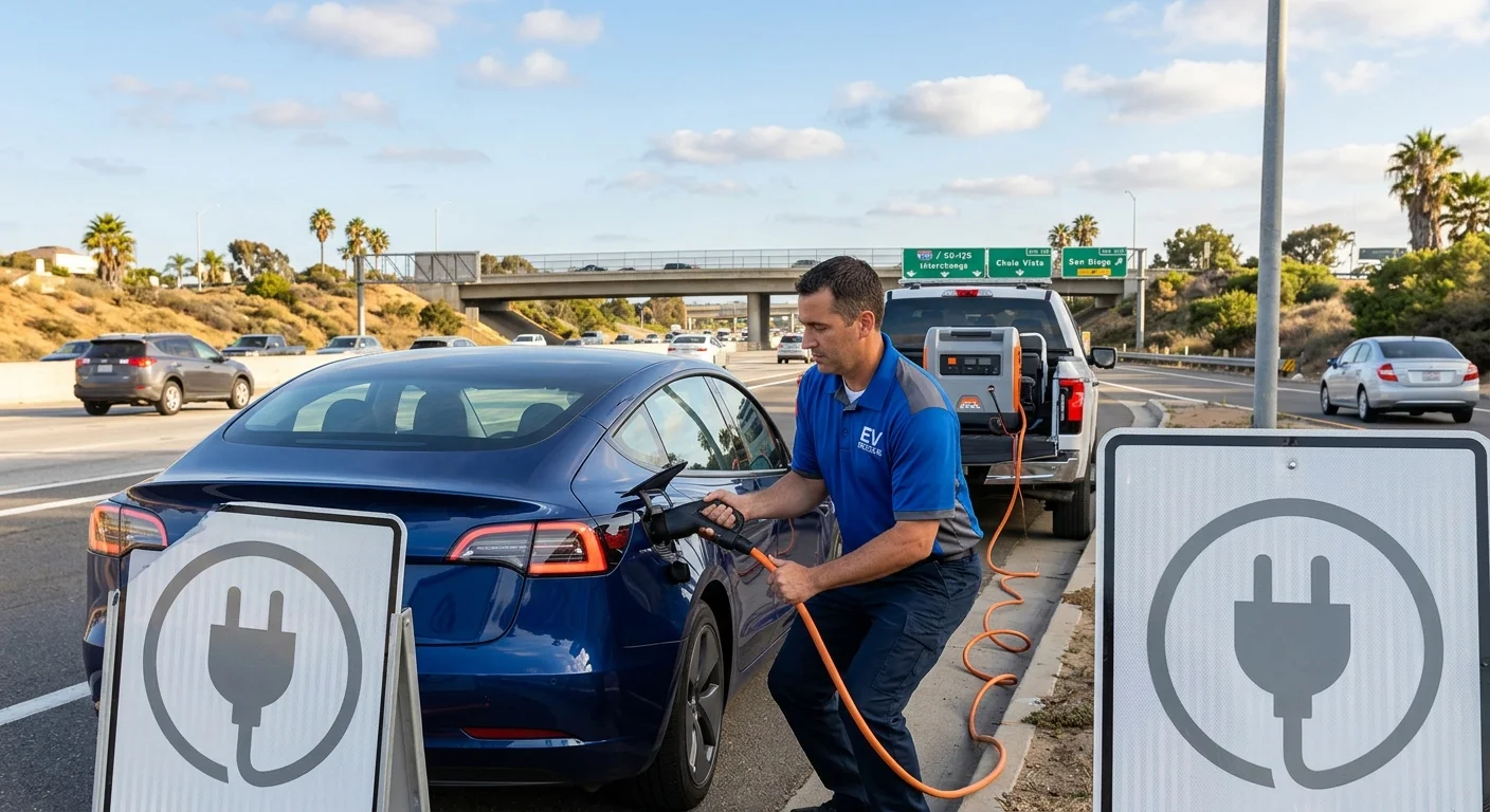 A Tesla at Supercharger stalls with other electric cars waiting while a driver checks the car screen
