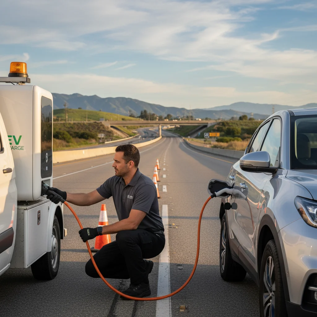 An electric vehicle stopped on a highway shoulder with hazard lights on