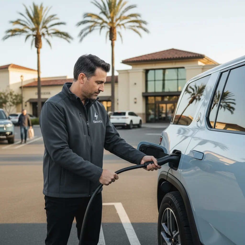 A technician plugging a portable charging cable into an EV in a parking garage aisle.