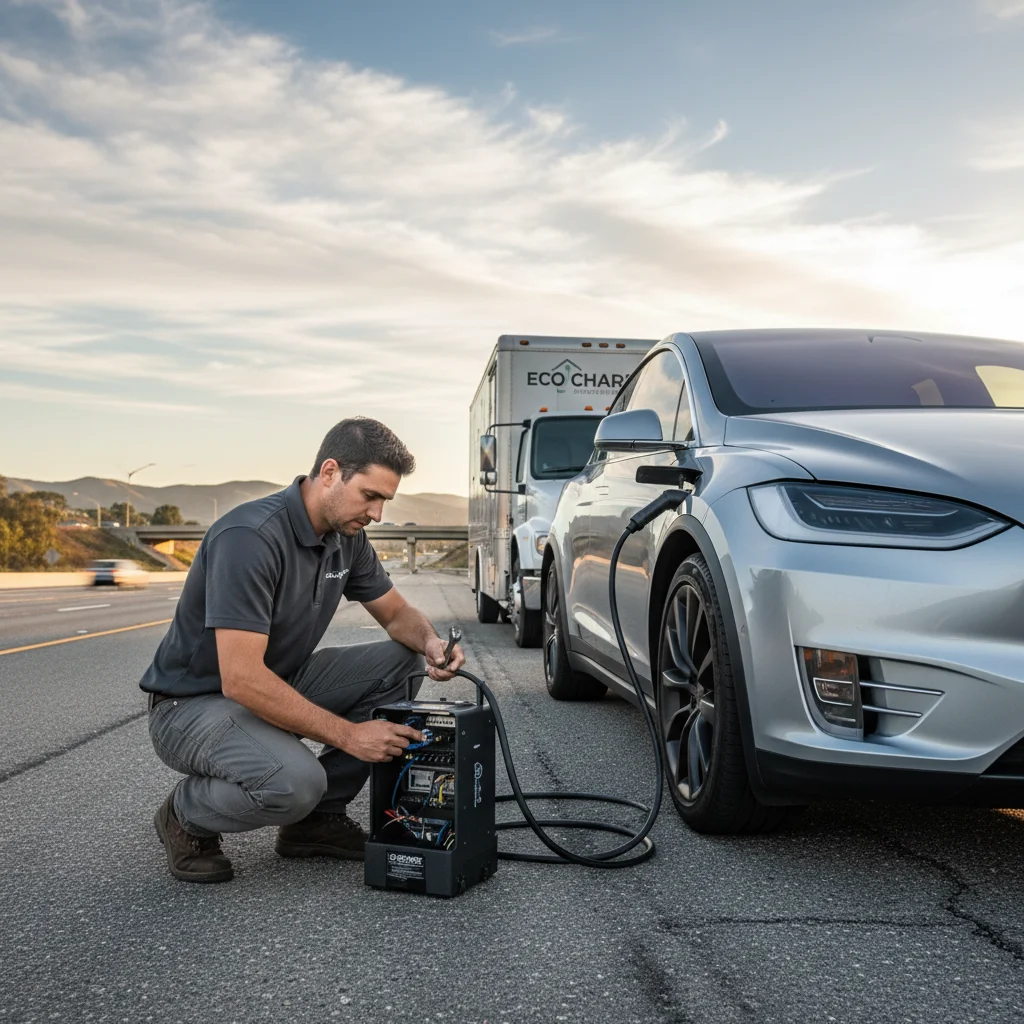 Electric car stopped on a highway shoulder with its hazard lights on