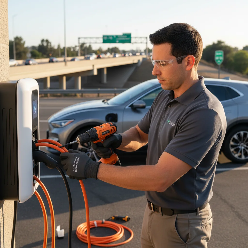 Technician connecting a portable charging cable to an EV on the roadside
