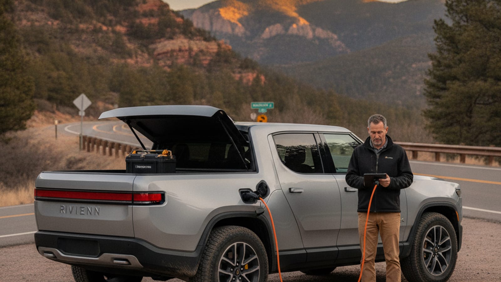 A Rivian R1S parked on a flat Morrison pull-off with the foothills rising behind it
