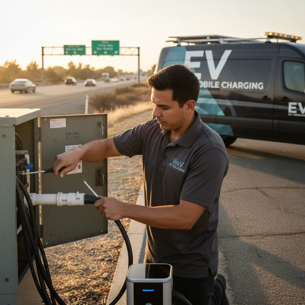 A technician connecting a charging cable to an EV parked in a residential driveway