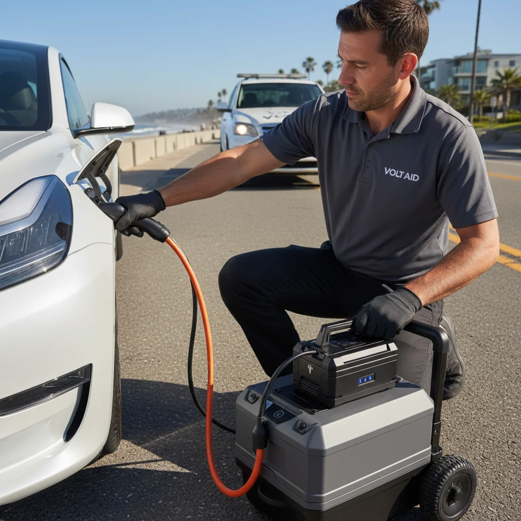 A pickup parked behind a stalled electric car on a paved shoulder with a charging cable connected