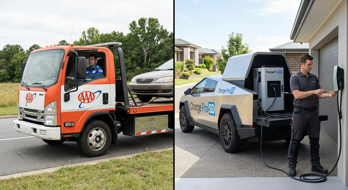 Split view of a generic tow truck on one side and a mobile charging van plugged into an electric car on the other