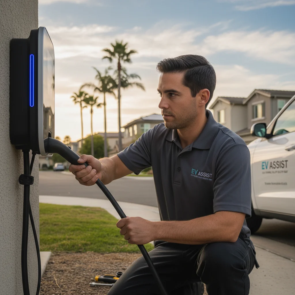 A technician connecting a charging cable to an EV on a residential street