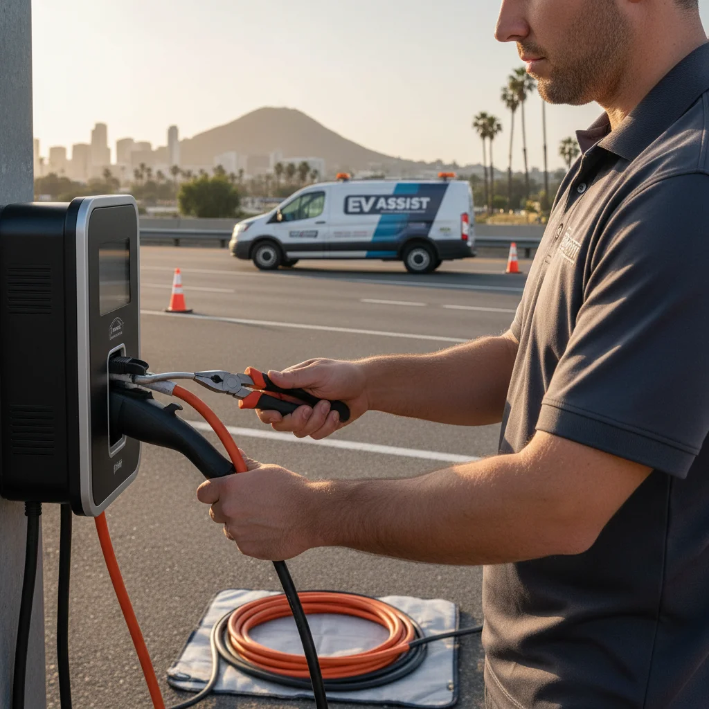 Technician connecting a portable charger cable to an electric SUV parked along a paved roadside