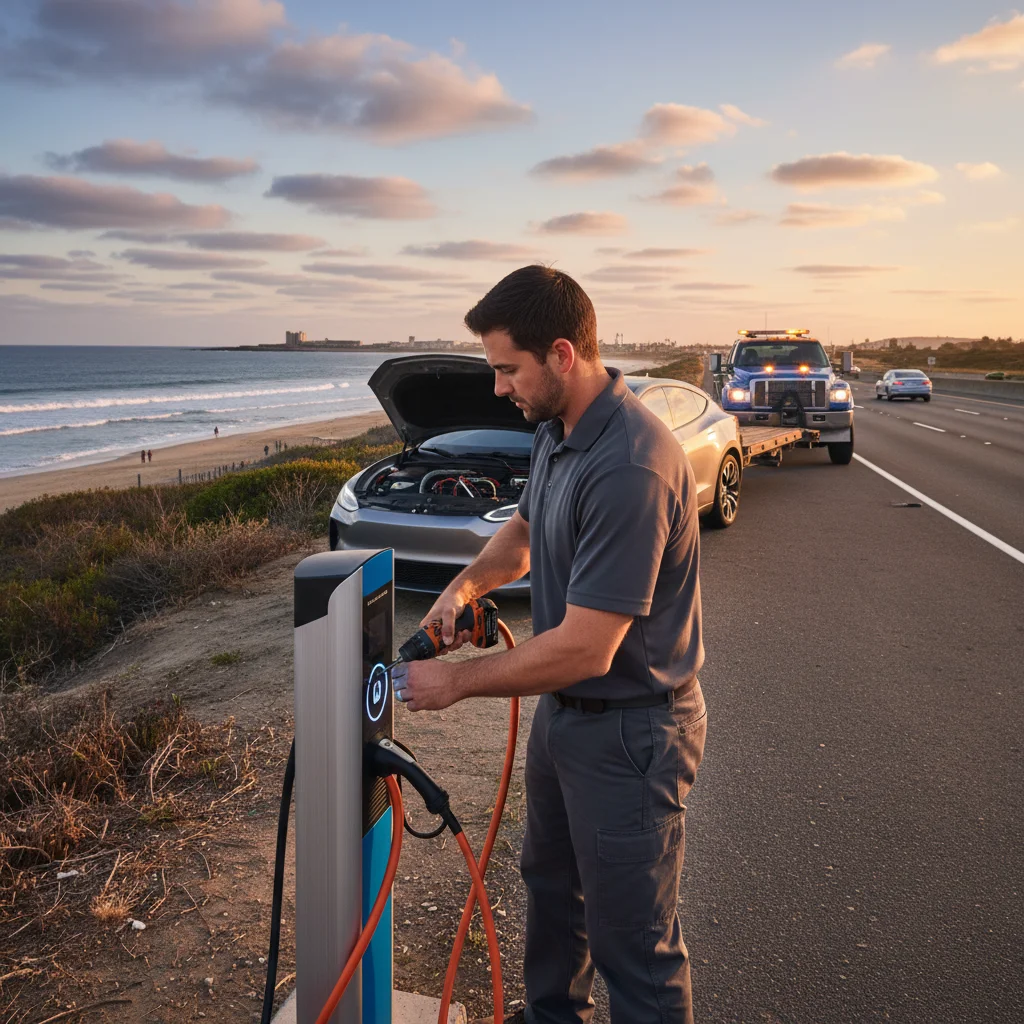 An electric vehicle sitting in a cold open lot as a mobile charging truck pulls up