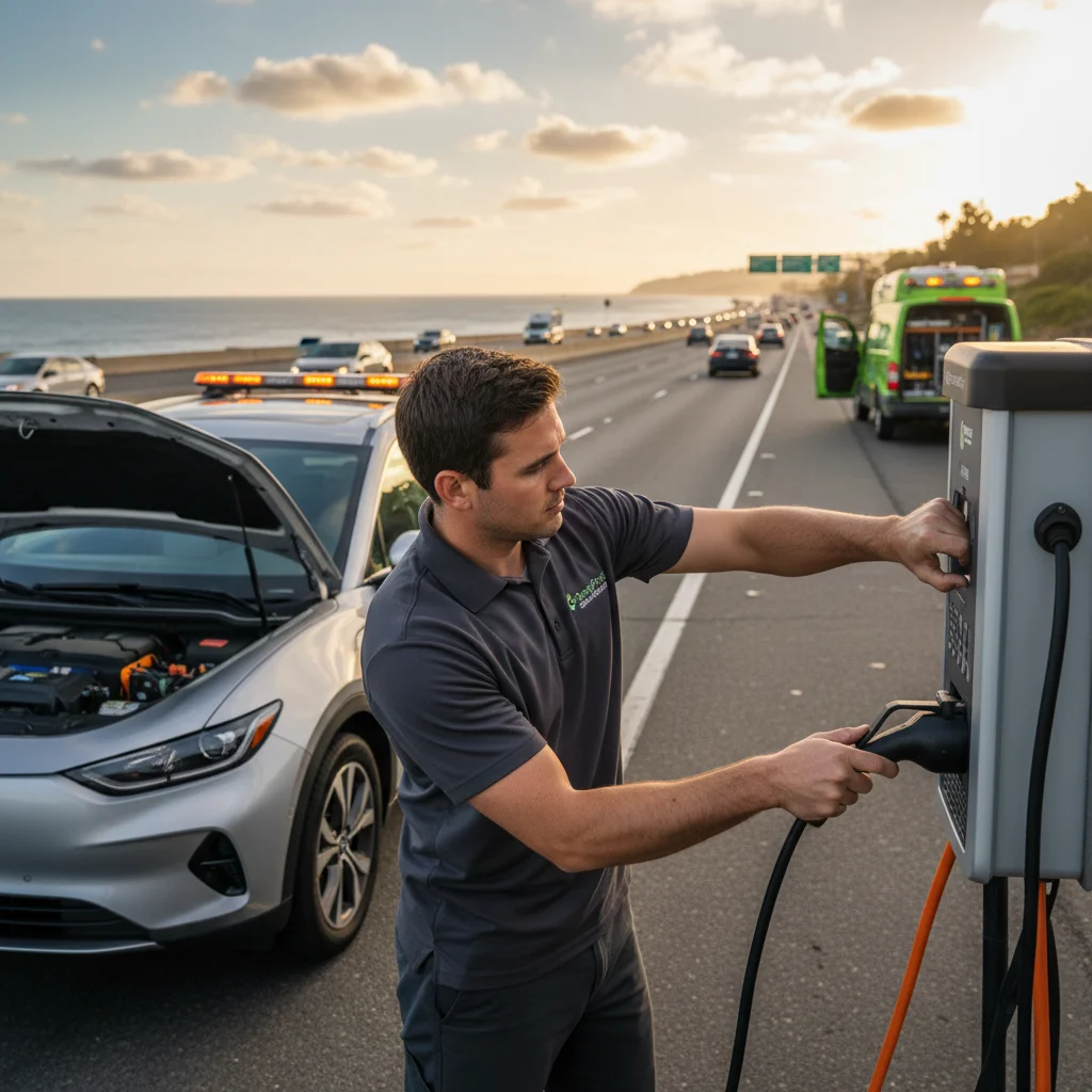 A portable charging cable connected to an EV at the roadside with an operator nearby