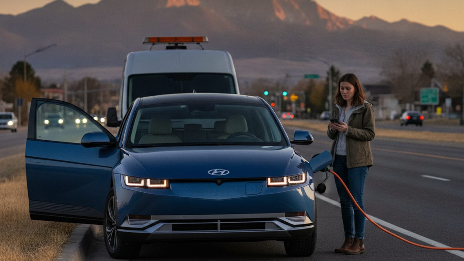 An electric SUV parked on a flat shoulder near a Broomfield intersection with the Flatirons visible in the distance