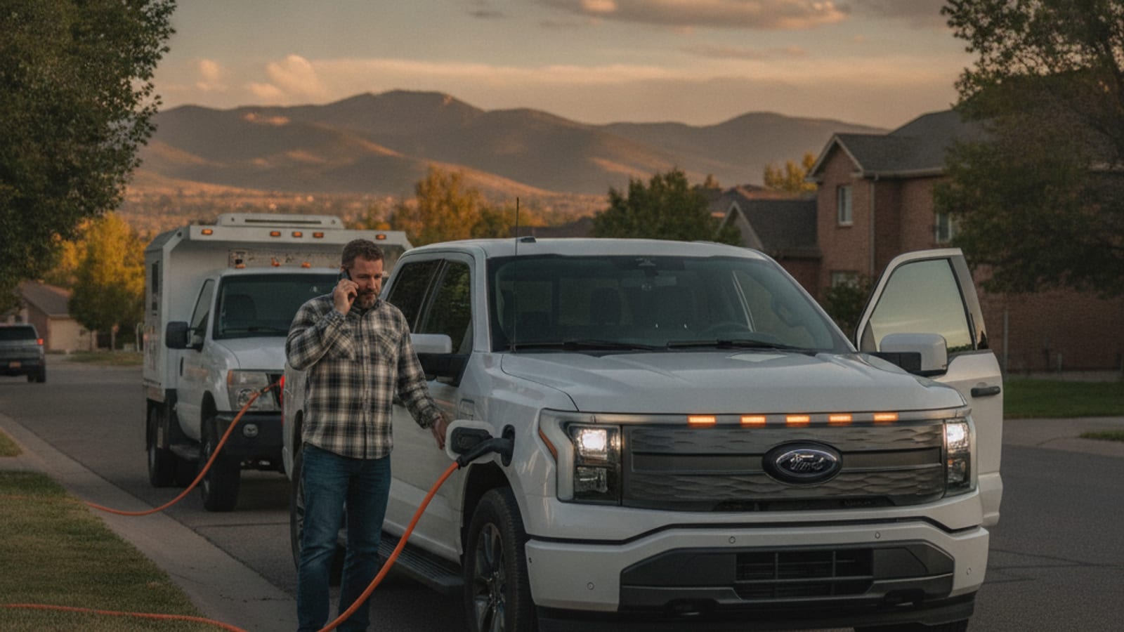 A stalled electric vehicle parked on a Longmont side street near a public charger