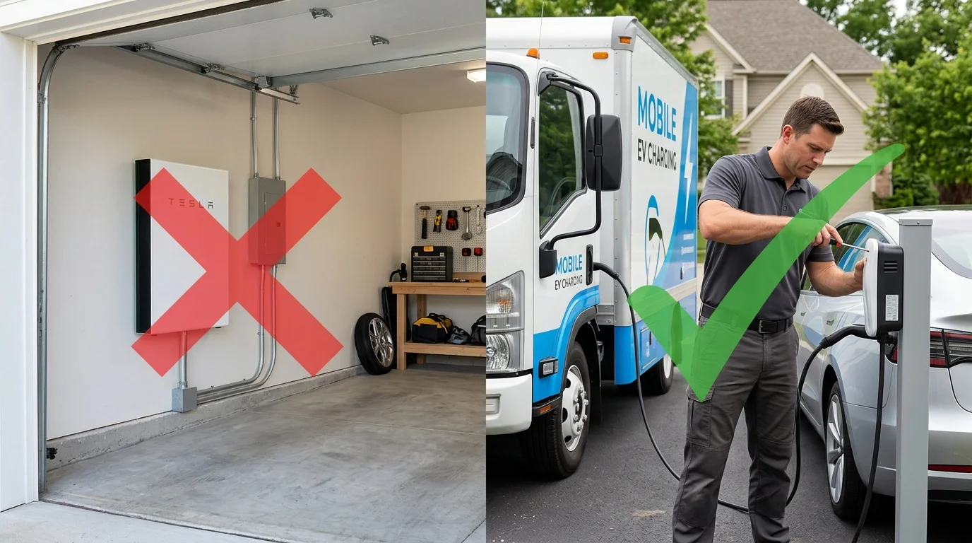Split view of a wall-mounted home battery marked with an X next to a mobile charging truck plugged into an EV with a check mark