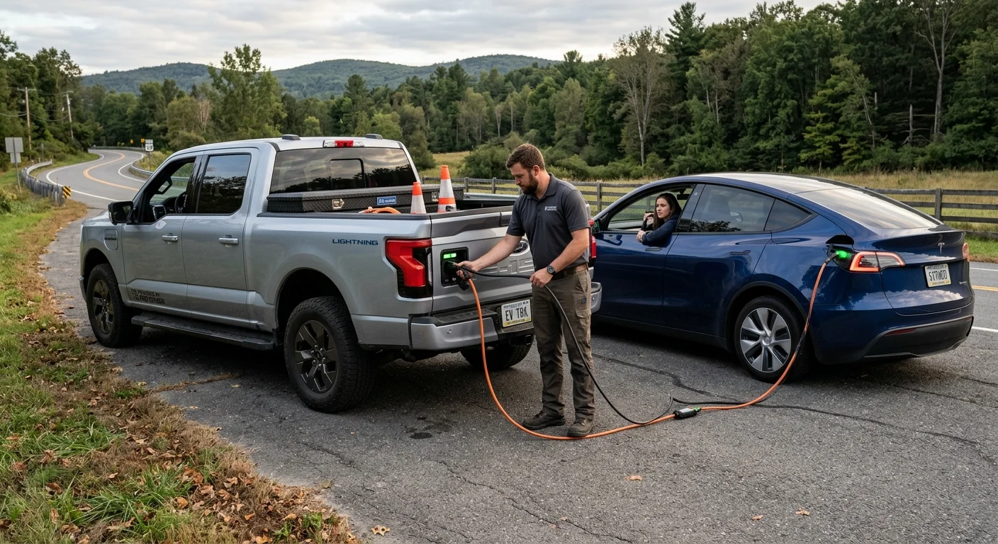 Ford F-150 Lightning parked beside a stranded EV on a highway shoulder with a charging cable between them
