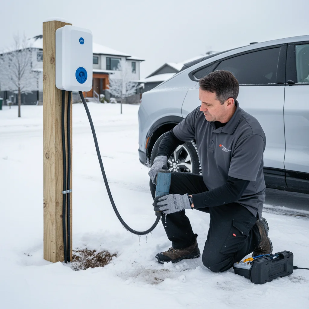An electric SUV parked on a paved shoulder with a charging cable still seated in the port