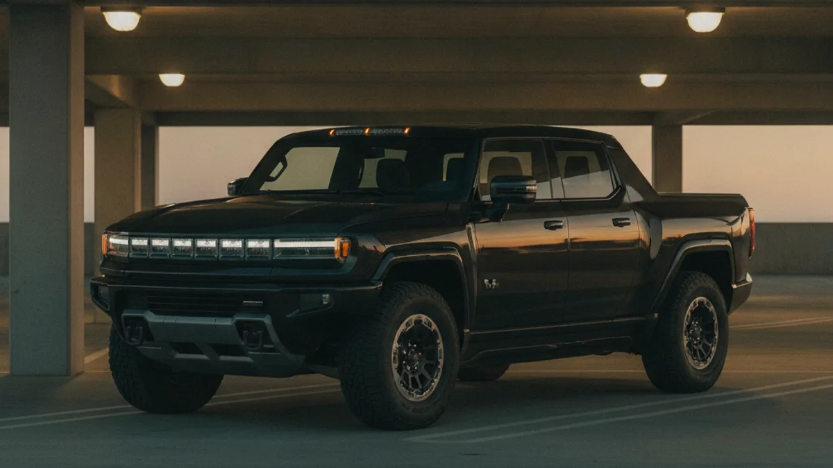 A large electric pickup in a dim garage with a dark cabin and unlit dashboard screens.