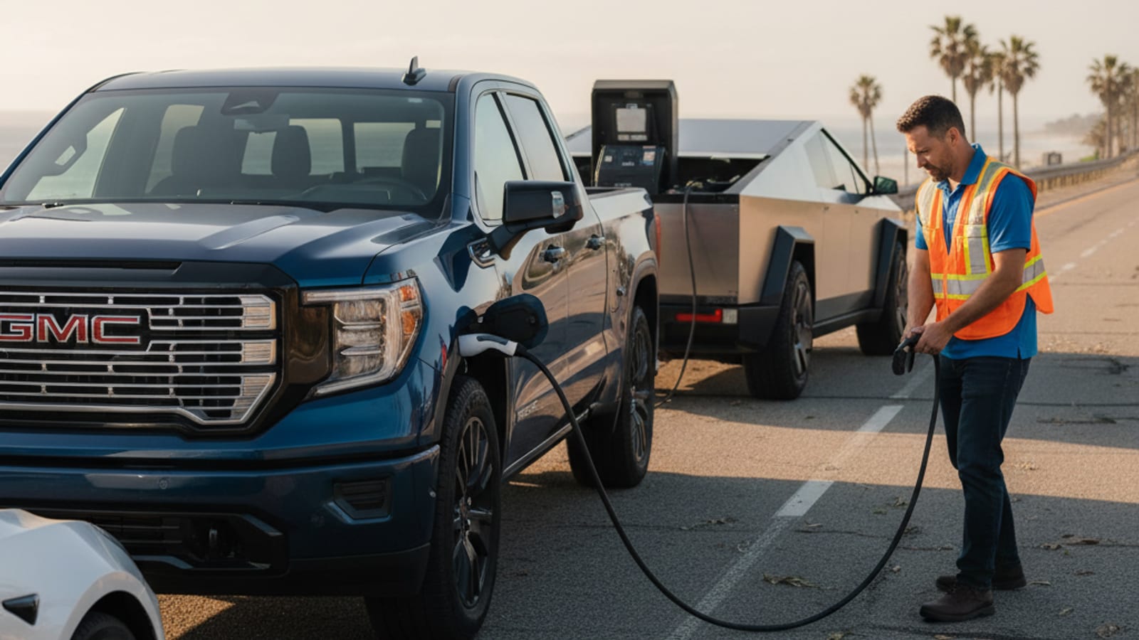 Electric pickup on a highway shoulder with hazard lights on at dusk
