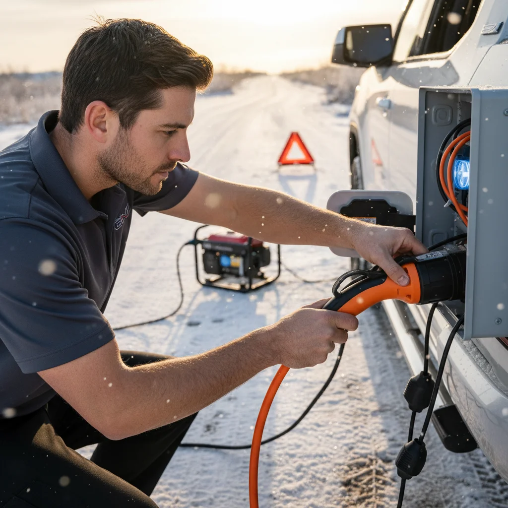 Charging cable plugged into an electric truck port at the roadside