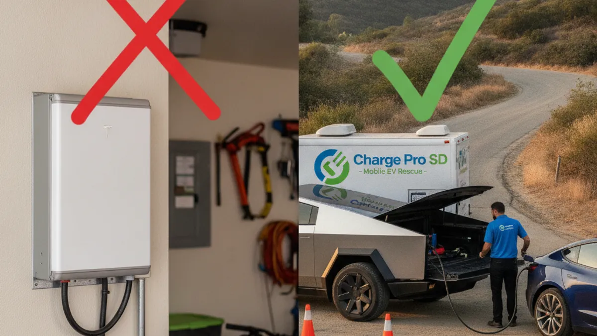 Split photo of a wall-mounted home battery with a red X, and a mobile charging truck helping a stranded EV with a green checkmark.