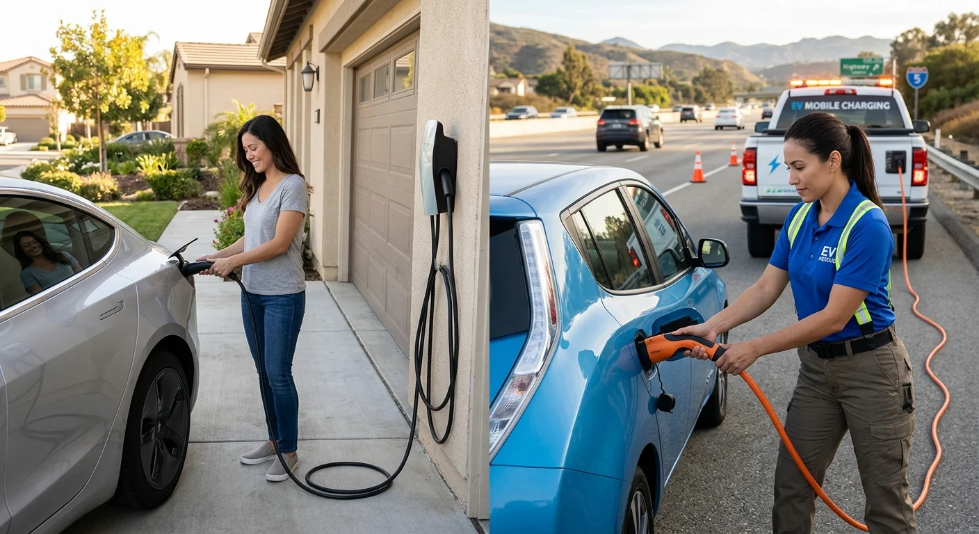 Split view of a home wall charger plugged into an EV and a separate EV stopped on a roadside shoulder