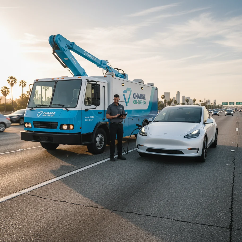 A mobile charging vehicle on a paved shoulder with a cable plugged into a stalled electric car