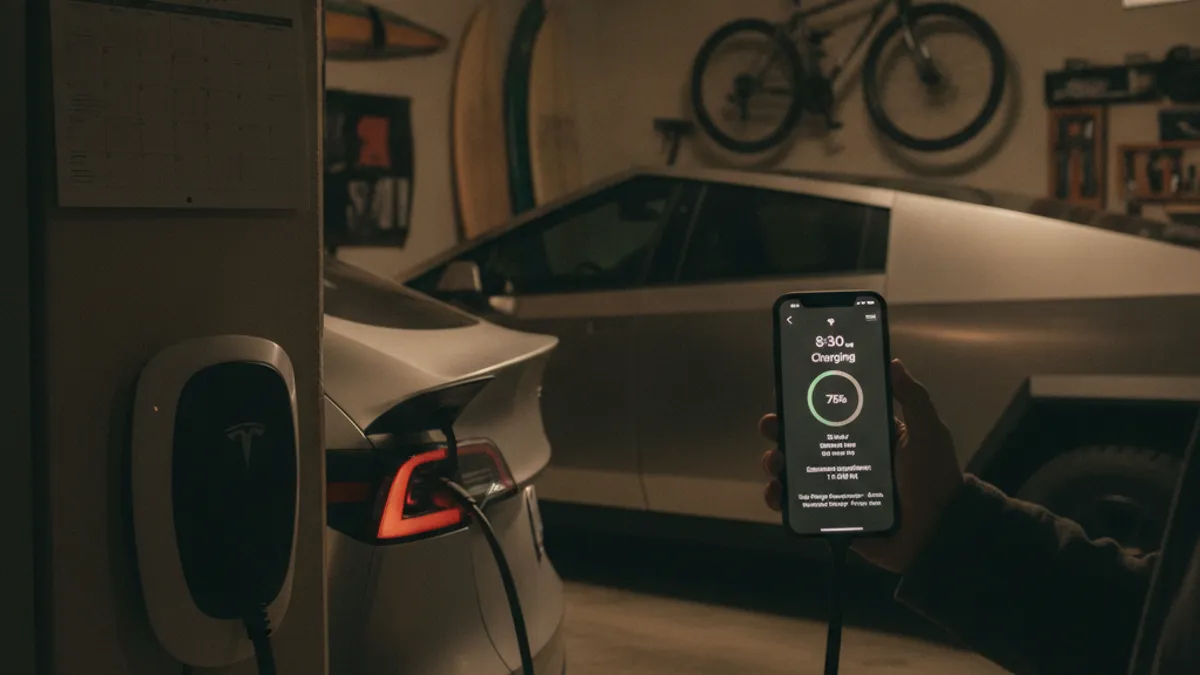 Tesla parked on a dark roadside at night with a charging cable connected beside the car