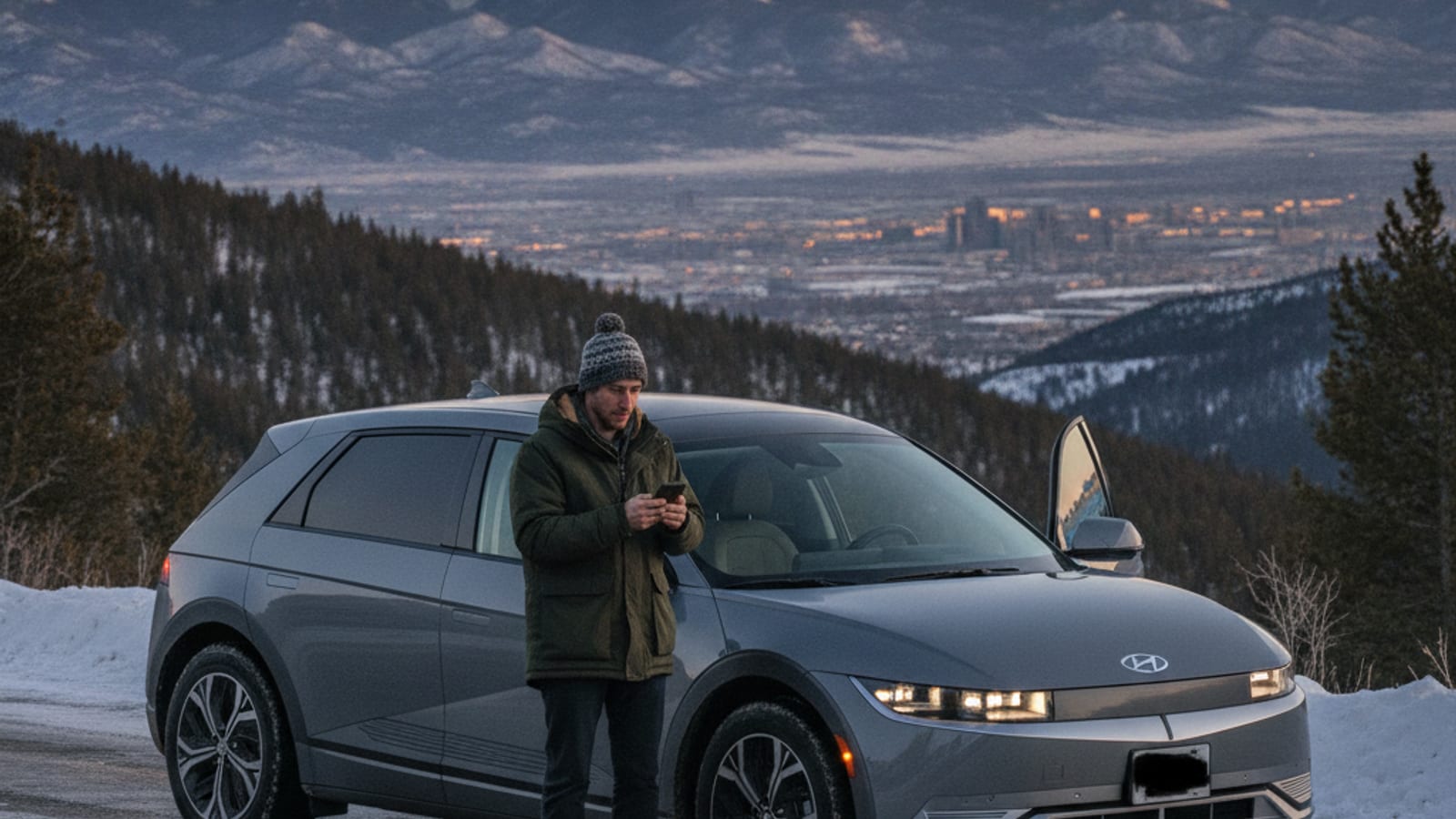 A Hyundai Ioniq 5 parked at a pull-off on a Front Range highway with mountains visible in the background
