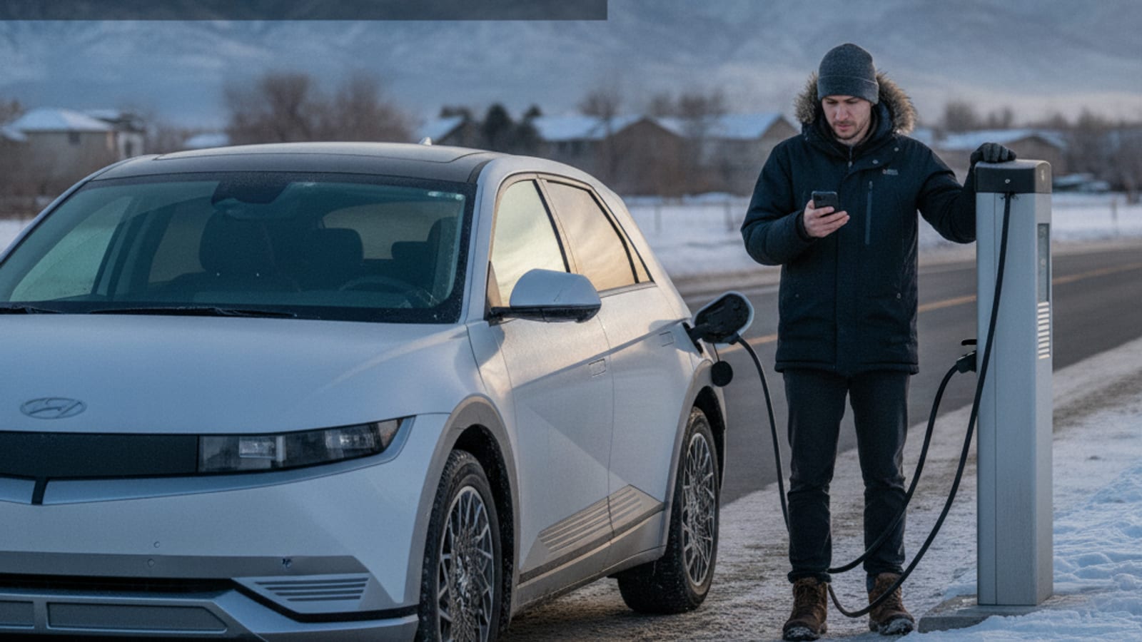 A Hyundai Ioniq 5 connected to a Level 2 charger in a cold Front Range parking lot with frost on the bumper