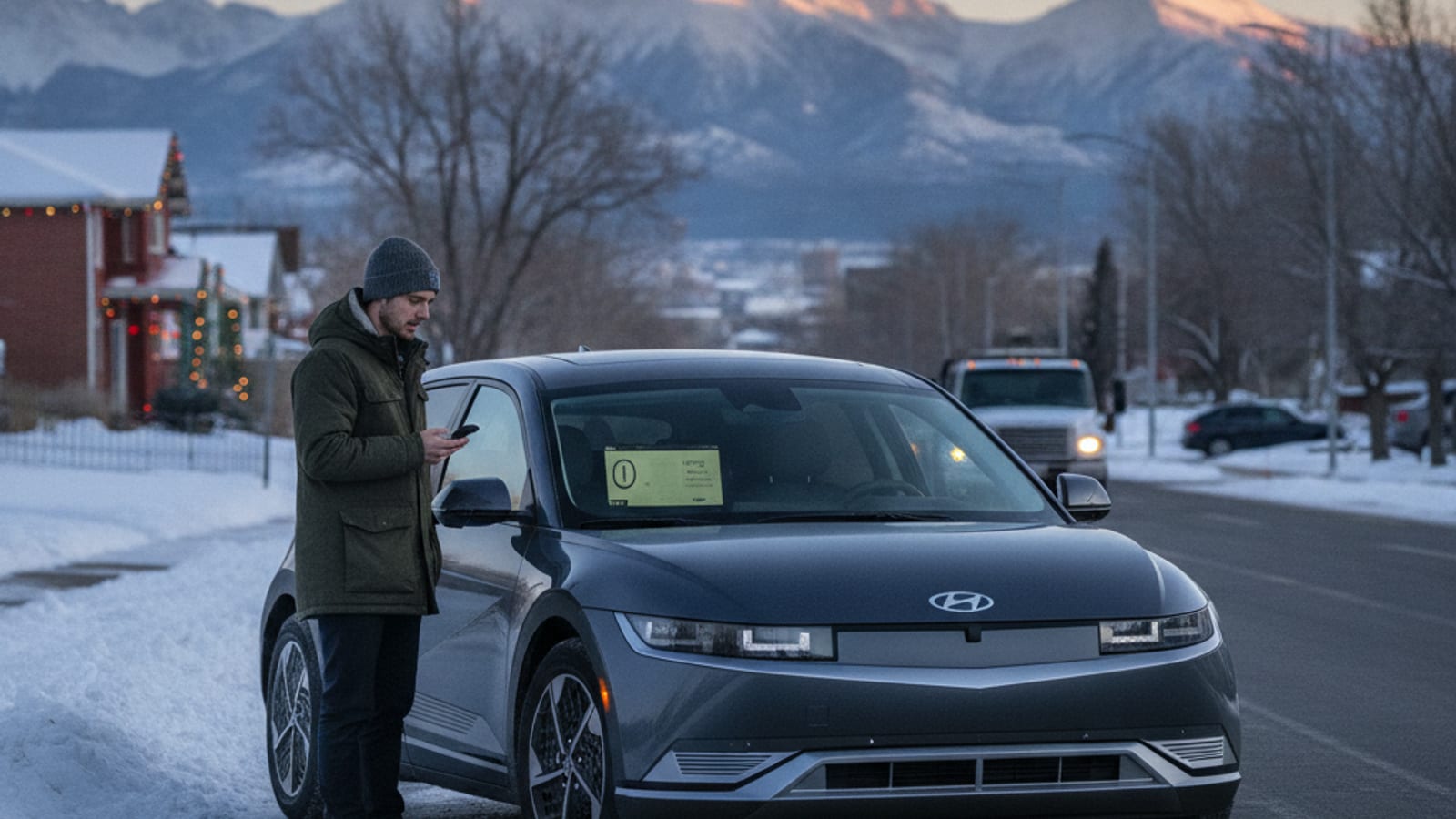 A Hyundai Ioniq 5 parked in a Denver driveway with a dark dashboard after an overnight cold soak