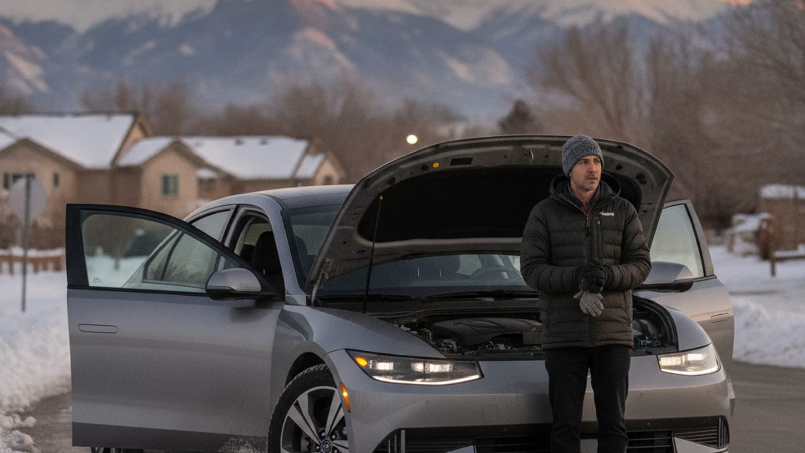 A Hyundai Ioniq 6 sedan parked on a Denver driveway in winter, with frost on the windows and the dashboard dark