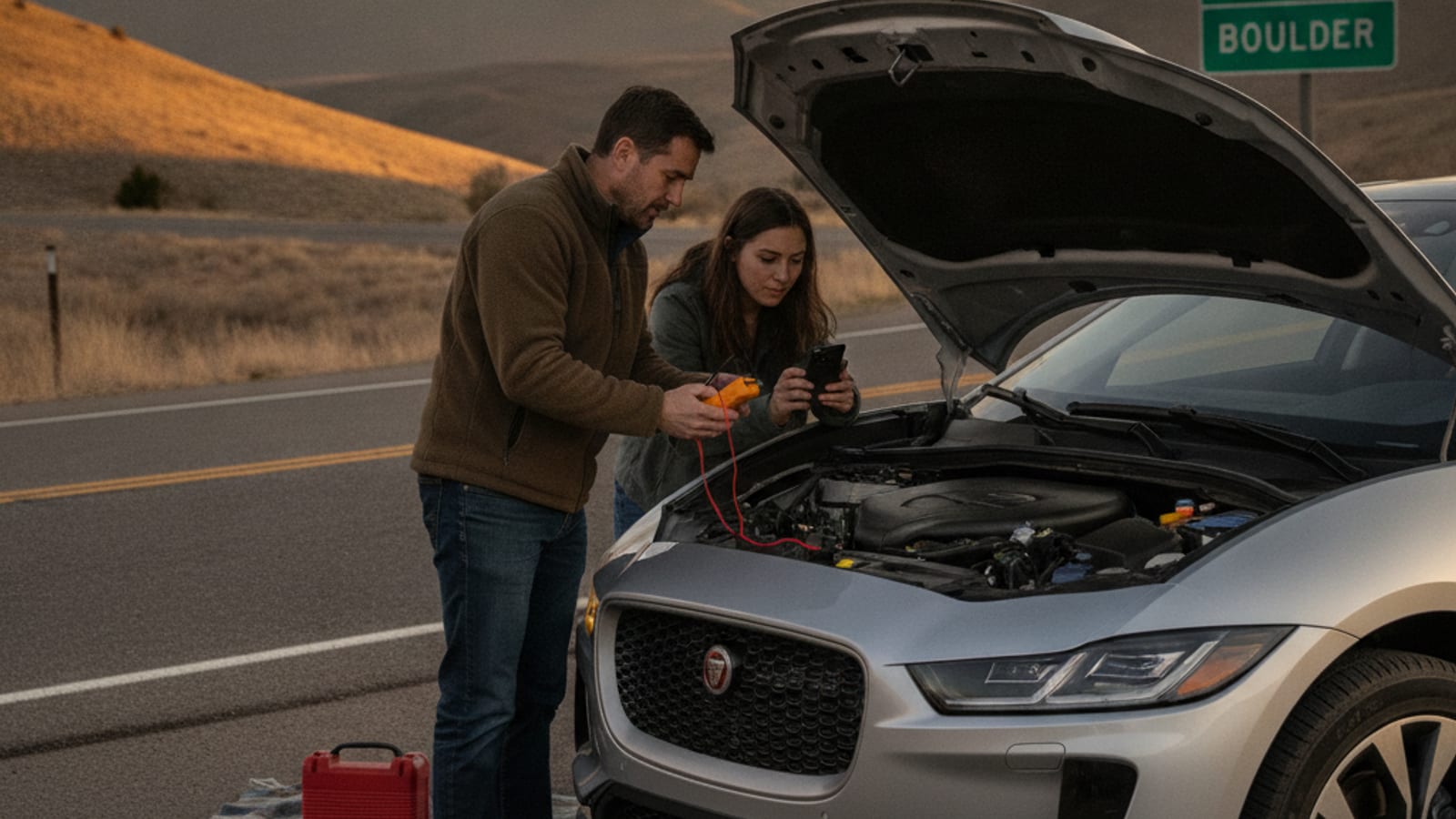 A Jaguar I-Pace parked in a Denver lot with a dark dashboard and hazard lights flashing