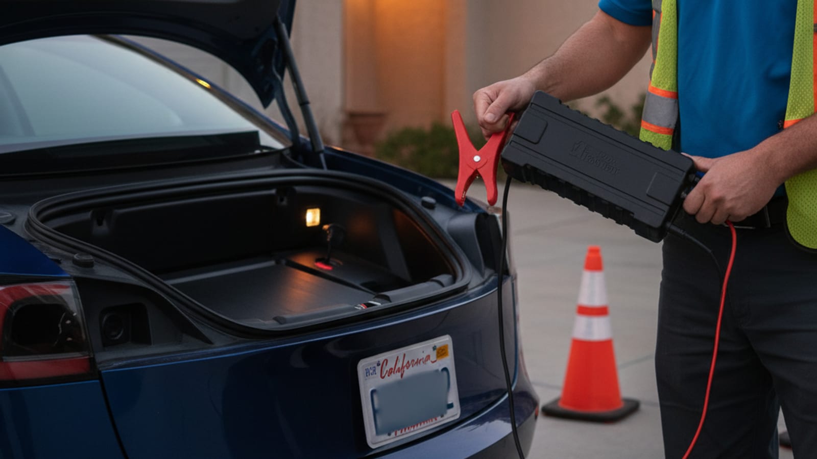 Portable lithium jump pack with red and black leads resting beside a parked electric car on a paved shoulder
