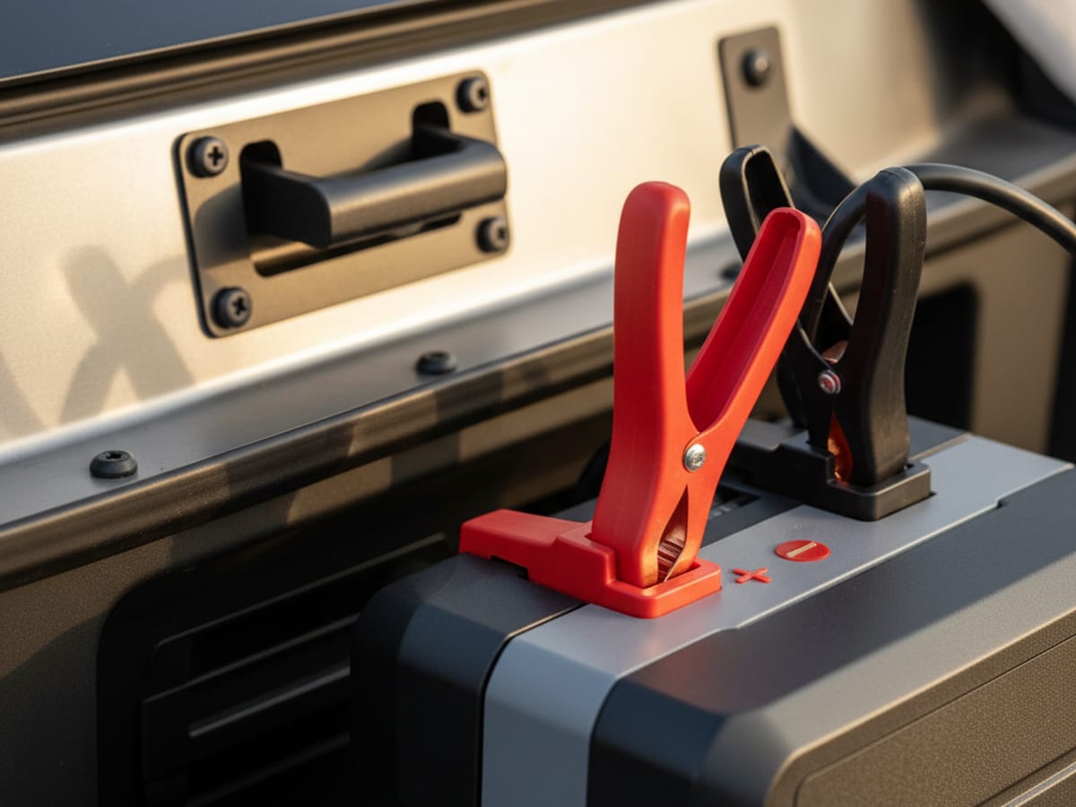 Red and black jumper clamps attached to a labeled positive post and a chassis ground point