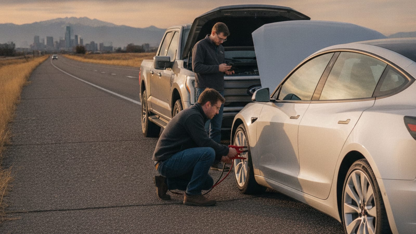 A dark Tesla sits on a Denver shoulder with hazards flashing after an overnight freeze