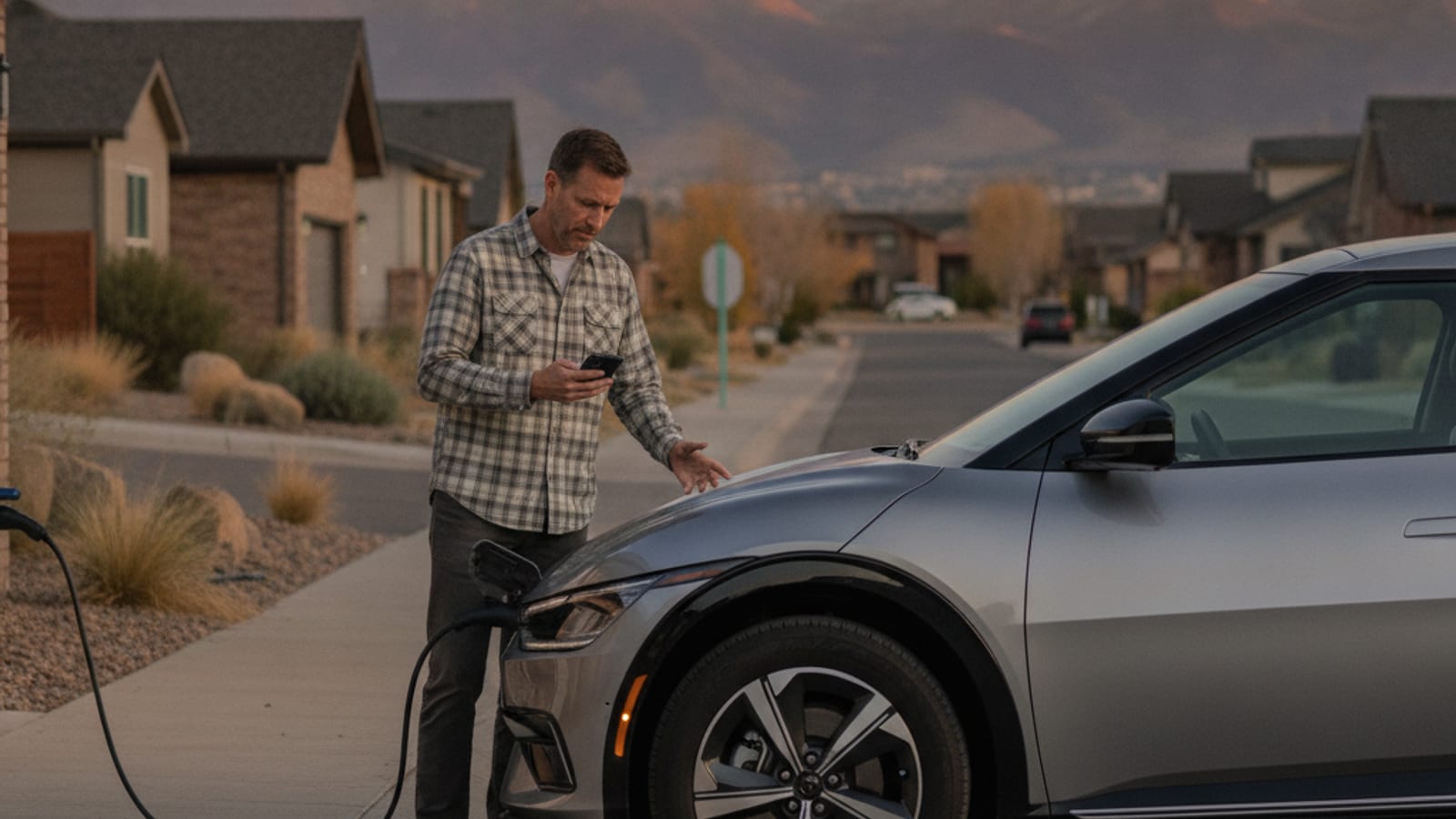 A Kia EV6 parked at a cold-weather public charging stall with a closed port