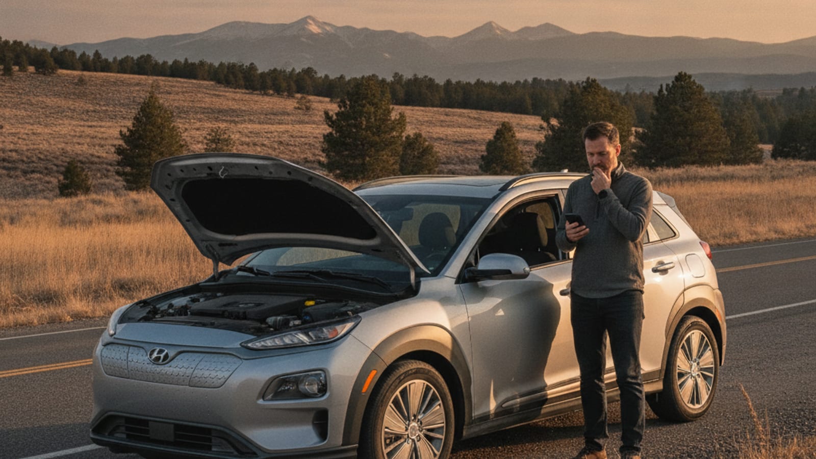 A Kia Niro EV parked on a Denver side street at dawn, hazards off and the dashboard dark