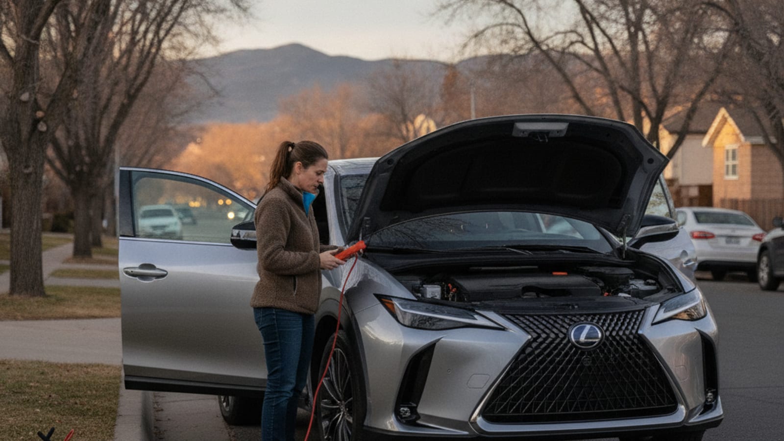 A Lexus RZ parked in a cold Denver lot with the charge port closed and no dashboard lights