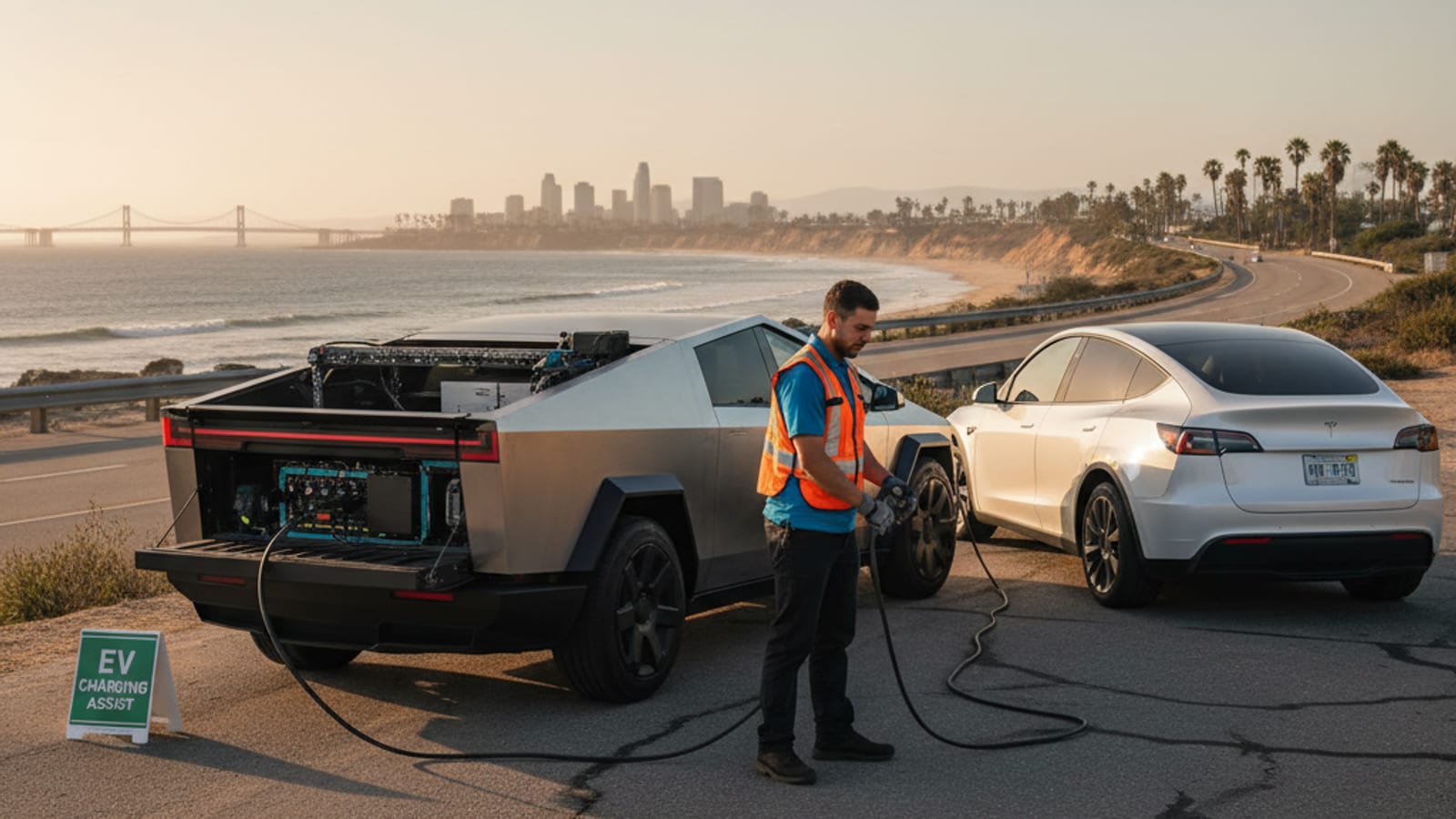 A rescue van on a highway shoulder with a charging cable connected to a stalled electric car, hazard lights on