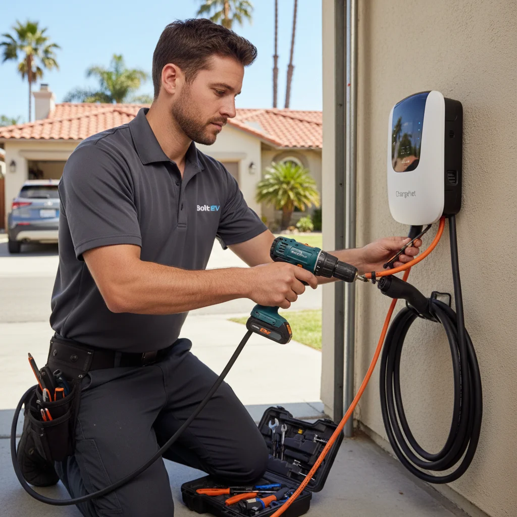 Close view of a charging cable locked into an EV port at the roadside, with cones and hazard lights nearby