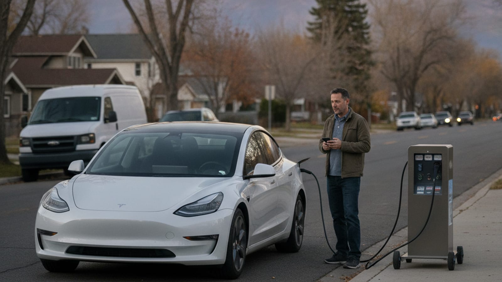 An electric car parked on a Denver metro shoulder with its hazards on and a mobile charging lead nearby
