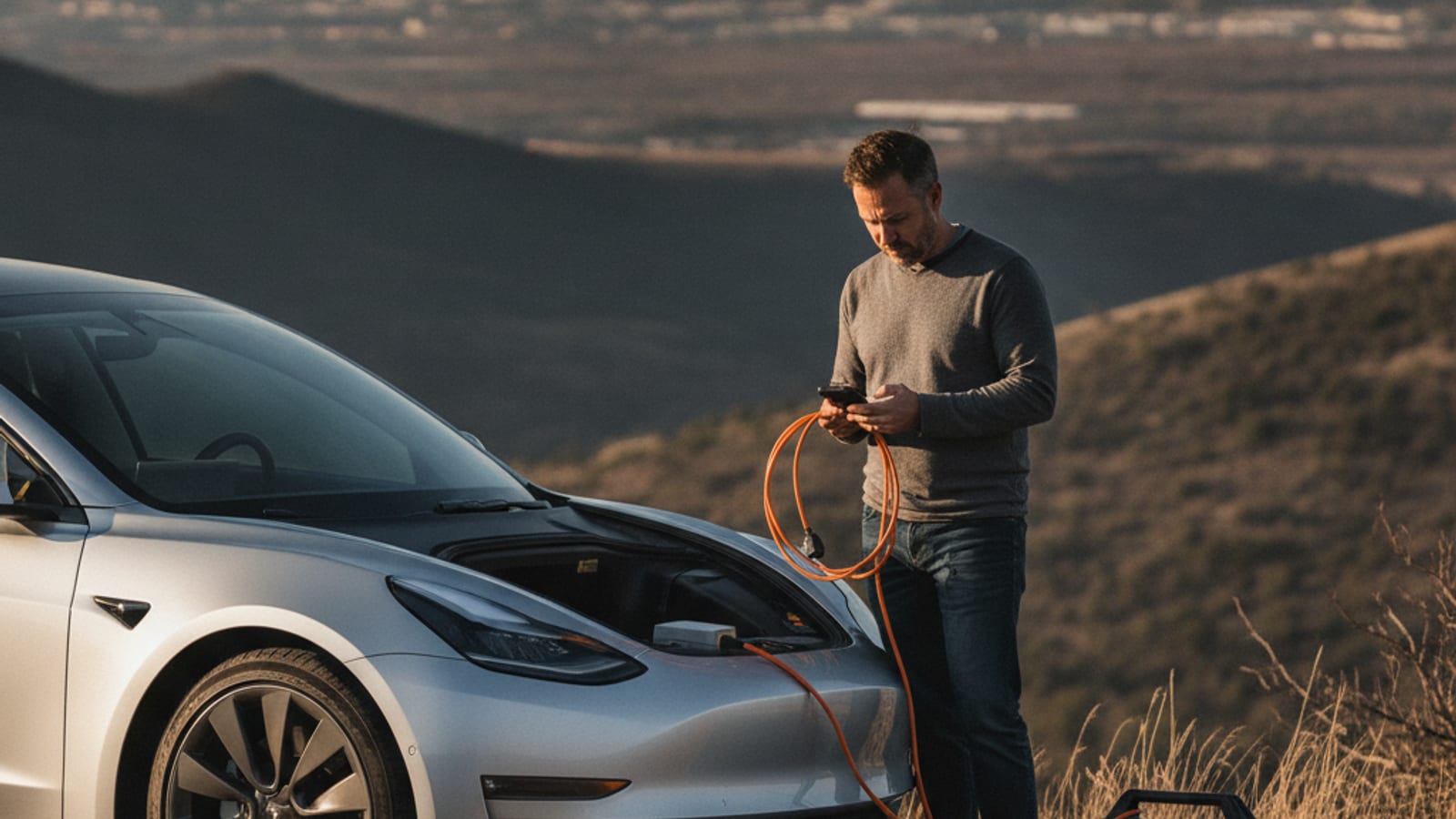 A Tesla parked on a Front Range shoulder with its charge port open and a Level 2 lead nearby