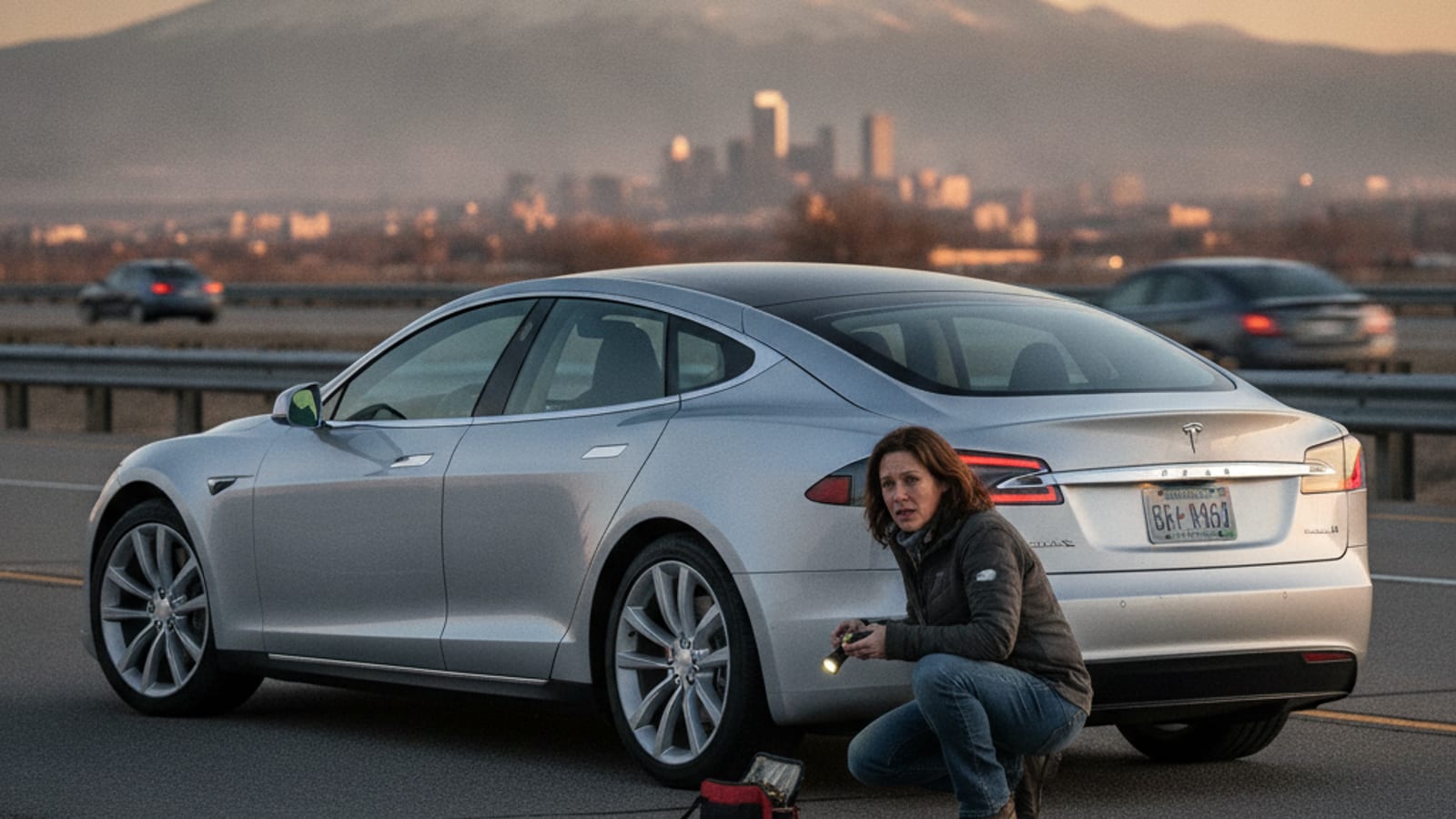A Tesla Model S parked on a paved shoulder with its hazard lights flashing
