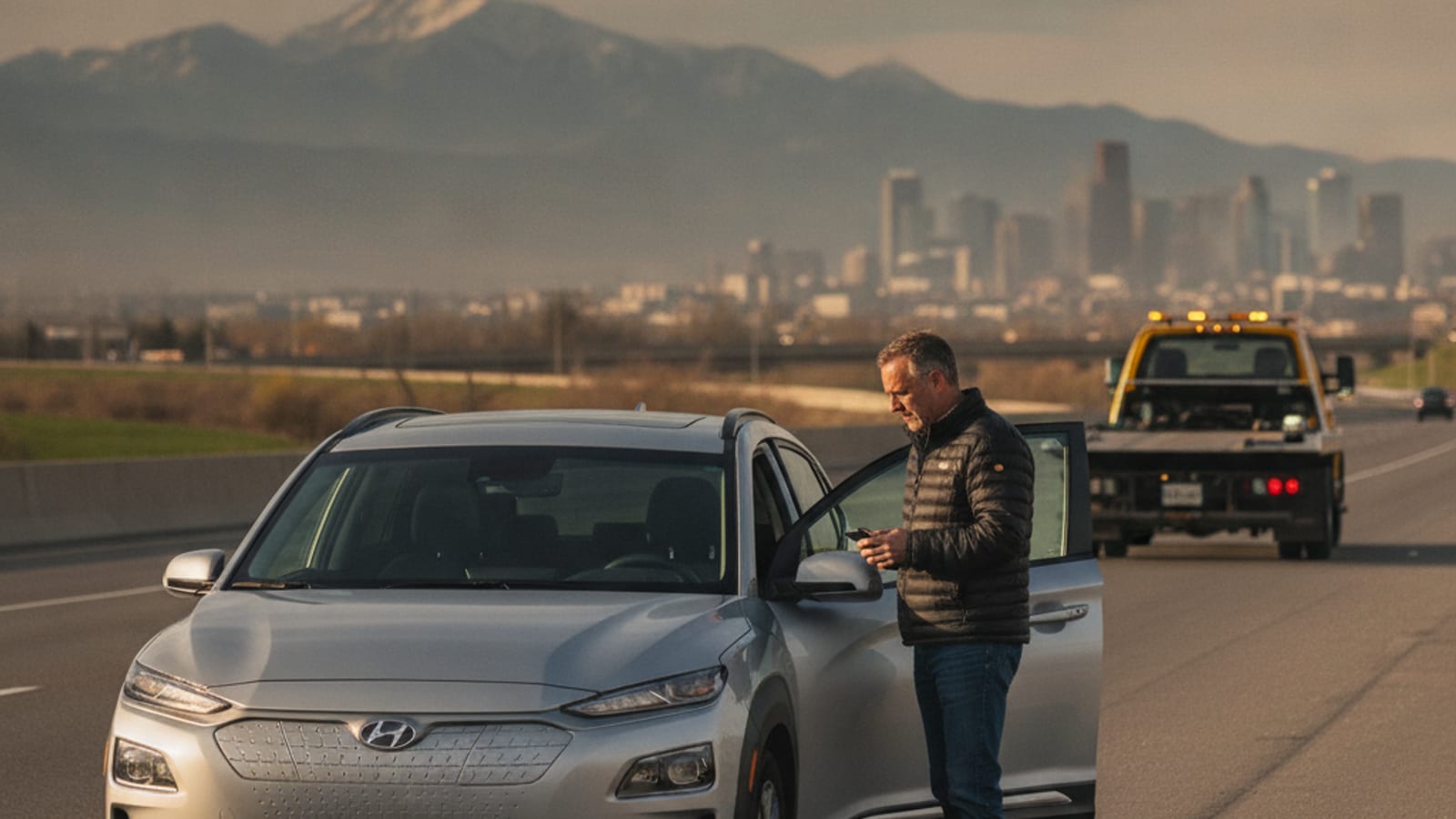 A Nissan Leaf parked on a Denver street in winter with hazards on, the driver standing beside it