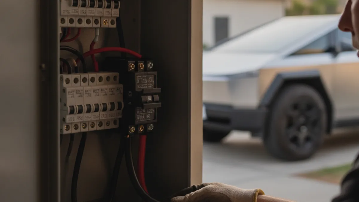 A charging cable plugged into an electric car parked on a paved roadside.