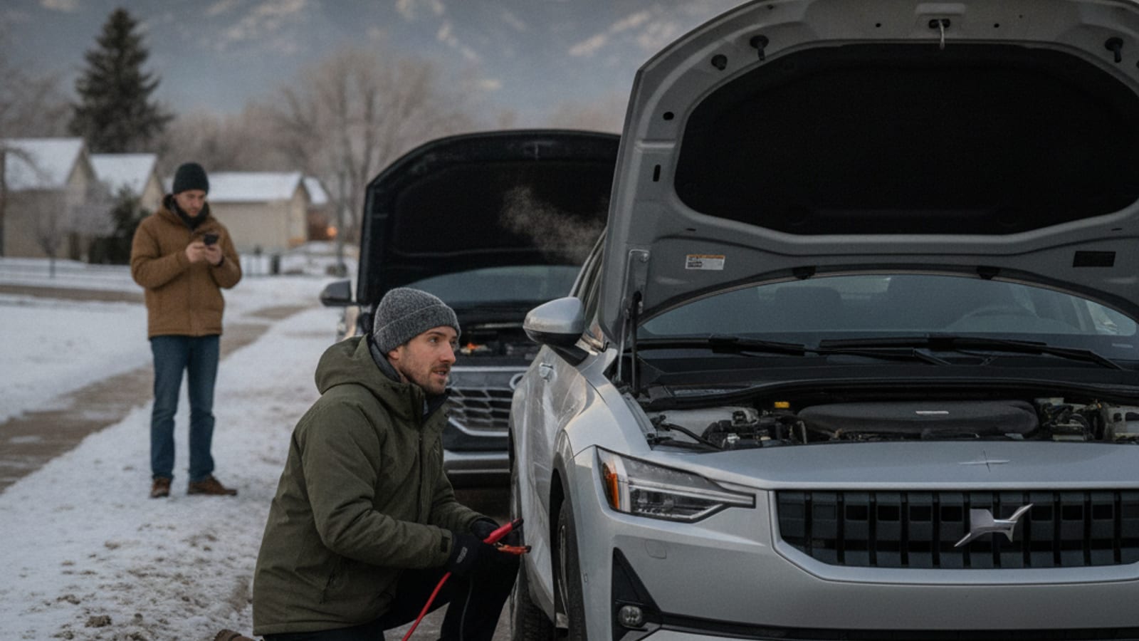 A Polestar 2 parked in a snow-dusted lot with hazards on, charge port closed