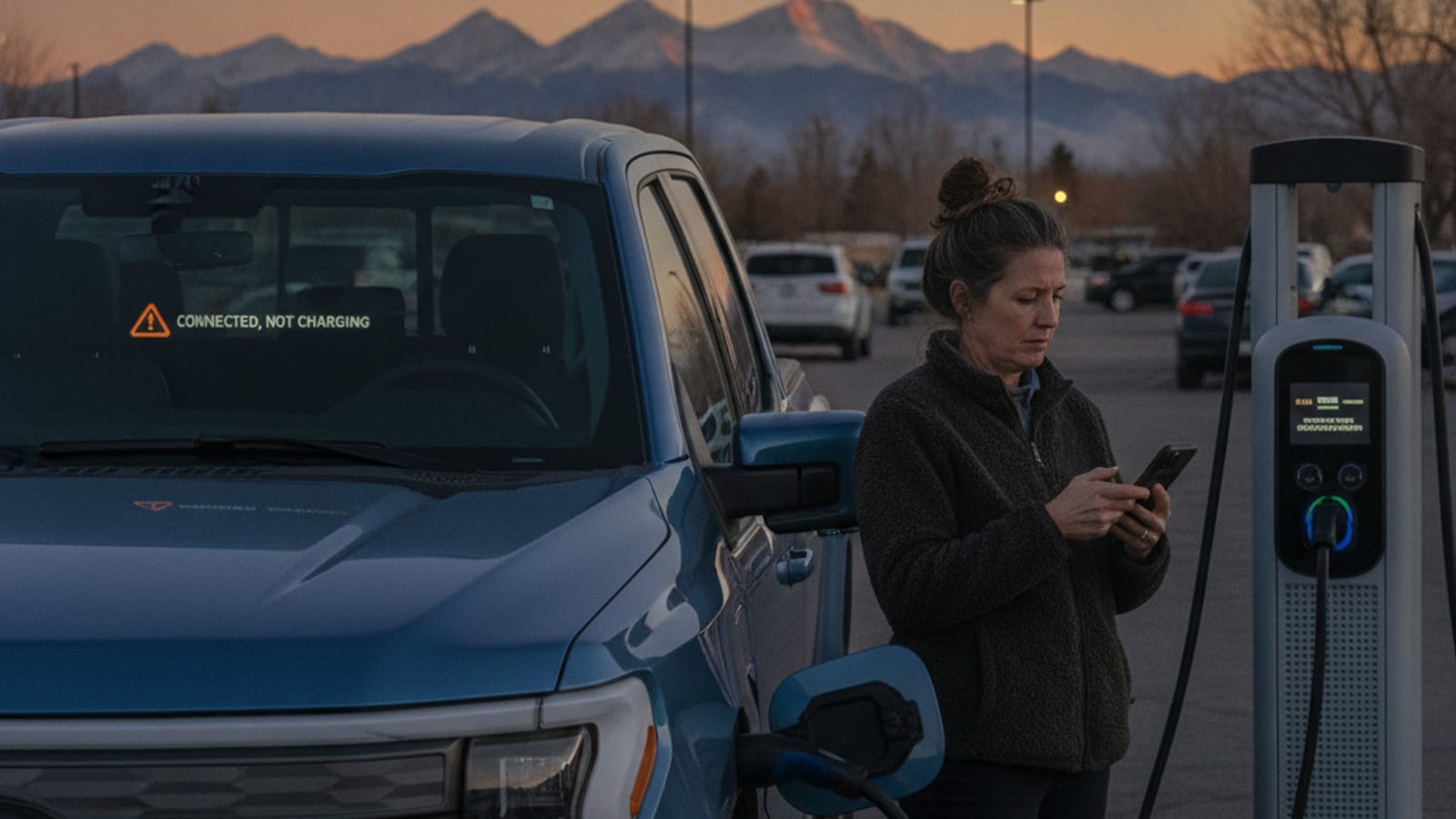 An EV plugged into a public charging stall with the dash showing a connected but not charging message